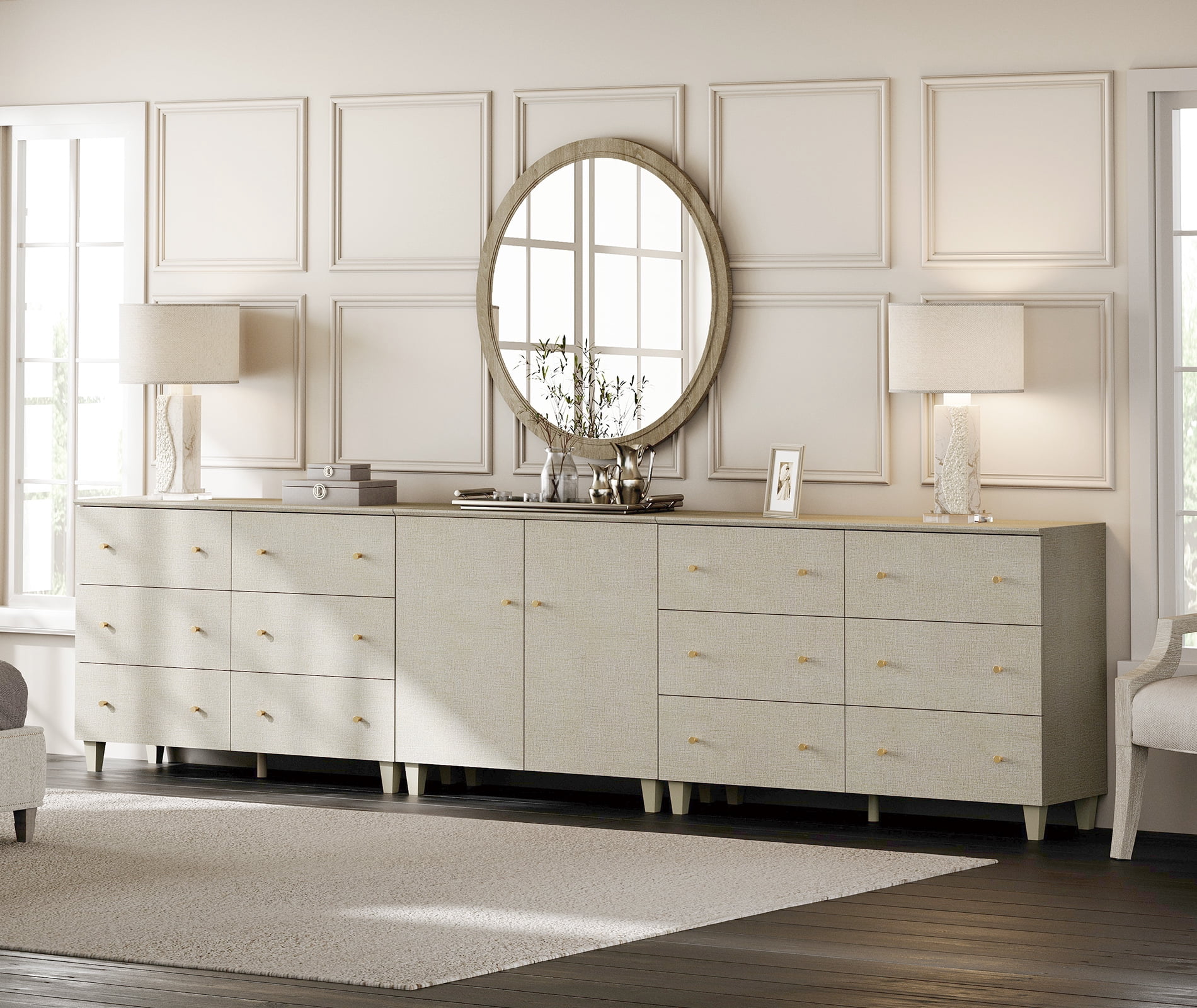WAMPAT Wood Dresser with 12 Drawers and 1 Cabinet for Bedroom, Modern Chest of Drawer, 130" Wide, Beige Linen Printed Finish