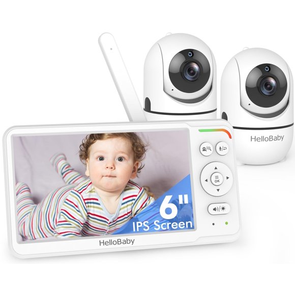 HelloBaby Monitor para bebé con 2 cámaras y audio, primer monitor de cámara para bebé con pantalla dividida IPS de 6 '', sin WiFi, batería de 30 horas, ECO, conversación bidireccional, visión nocturna
