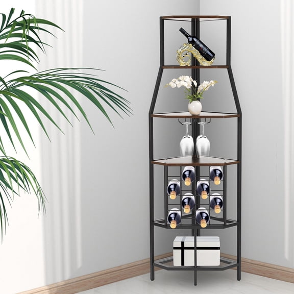 5-Tier Corner Wine Rack Floor Standing w/ Glass Holder Bottles Wine Storage NEW
