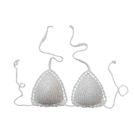 Swim Suits For Women Summer Solid Color Lined Lace Up Halter Casual Handmade Crochet Bikini Top Swimwears Activewear White L