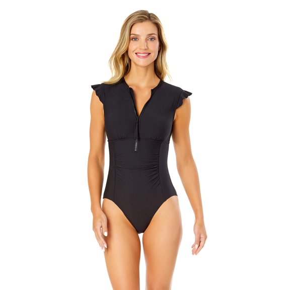 Women's Live In Color Flutter Sleeve Zip Up Rash Guard One Piece Swimsuit