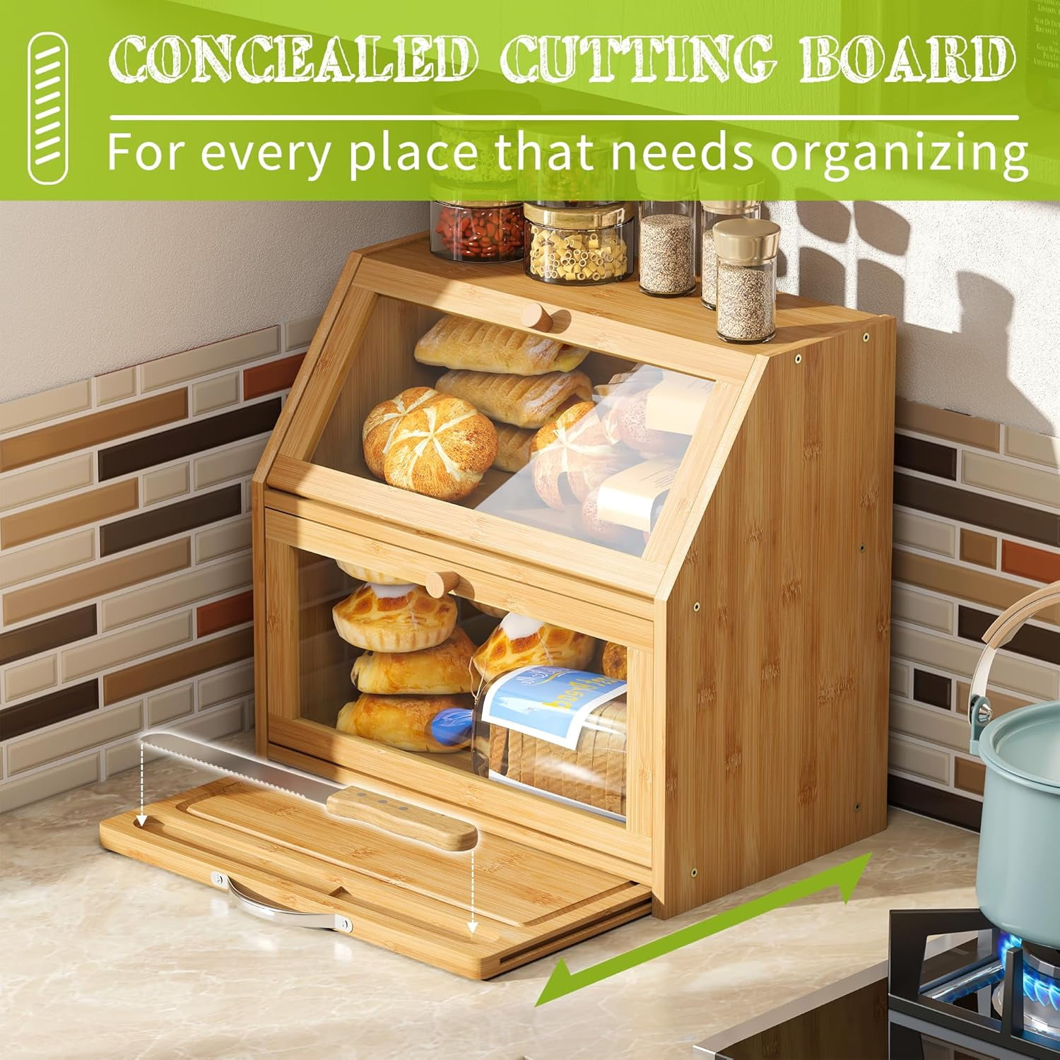 Bread Box with Cutting Board Kitchen Bread Storage Organizer Farmhouse Countertop Double Bamboo Wood Bread Box(Natural)