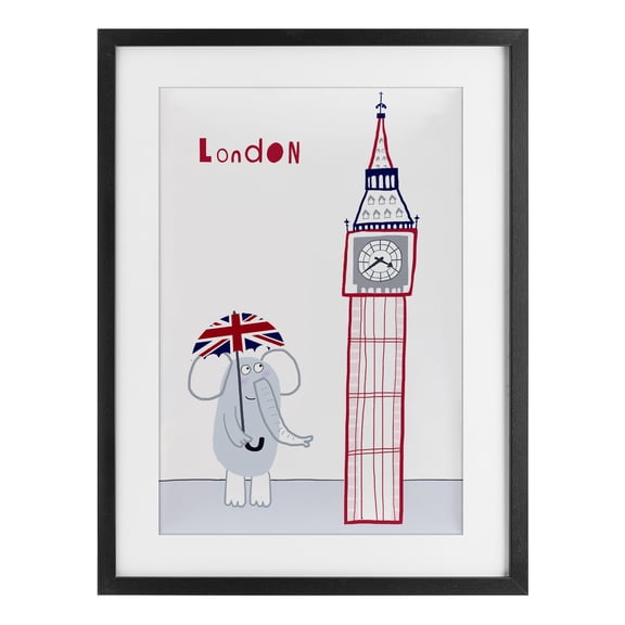 Elephant & Big Ben London Black Framed Print Under Glass, design by Carla Daly