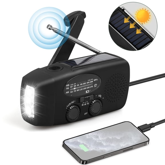 Emergency Hand Crank Radio with LED Flashlight, AM/FM NOAA Portable Weather Radio with 2000mAh Power Bank Phone Charger, USB Charged & Solar Power for Camping