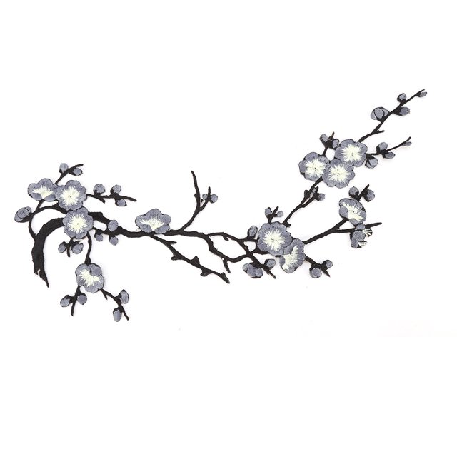 Flor de ciruelo, apliques florales, parches para coser ropa, vestido bordado, bricolaje, gris + negro