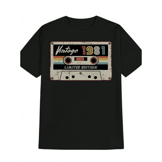 T-Shirt Décontracté à Col Rond pour Hommes avec Imprimé Graphique Cassette Vintage 1981 - Tee d'Été Noir