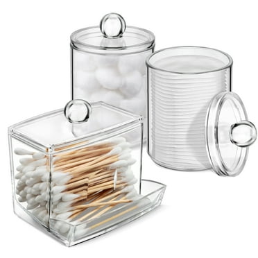 WeGuard 3 PACK Qtip Holder Dispenser and Apothecary Jars for Bathroom - 10OZ Clear Apothecary Jar Set for Bathroom Canister Storage Organization, Vanity Makeup Organizer