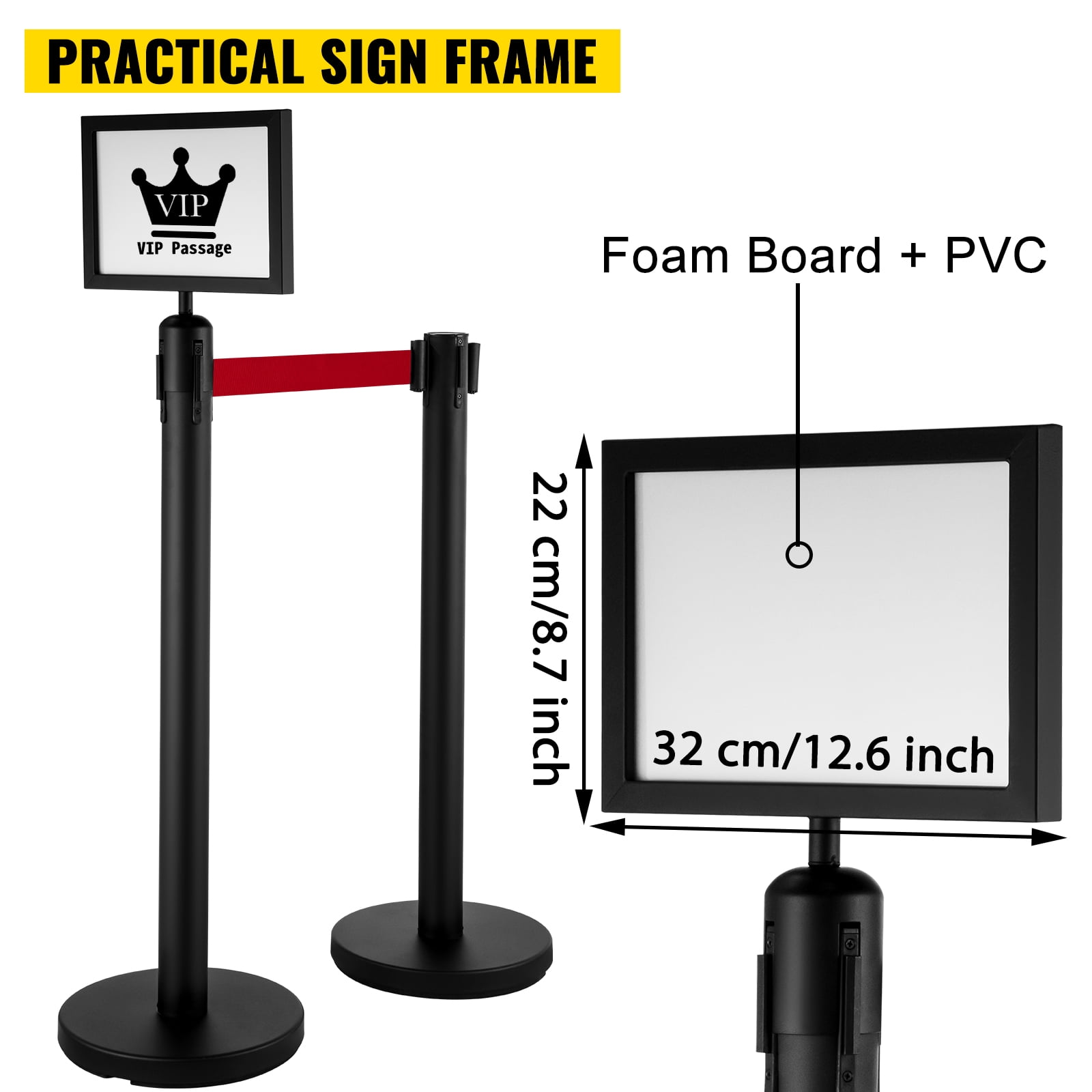 VEVOR Stanchion Post Barriers 6-Set Line Dividers, Stainless Steel  Stanchions with 6.6' Black Retractable Belts, Gold Crowd Control Barriers  with One Sign Frame, 34.6”Queue Safety Stanchions 