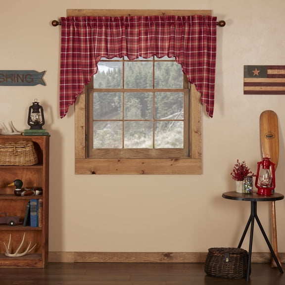 VHC Brands Rustic Red Plaid Braxton Scalloped Curtain for Living Room Bedroom