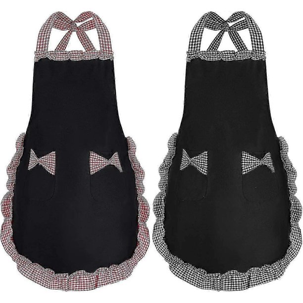2 Pcs Women Cute Apron, Ladies Black Aprons With Acsergery 2 Pockets, Waterproof Kitchen Gift
