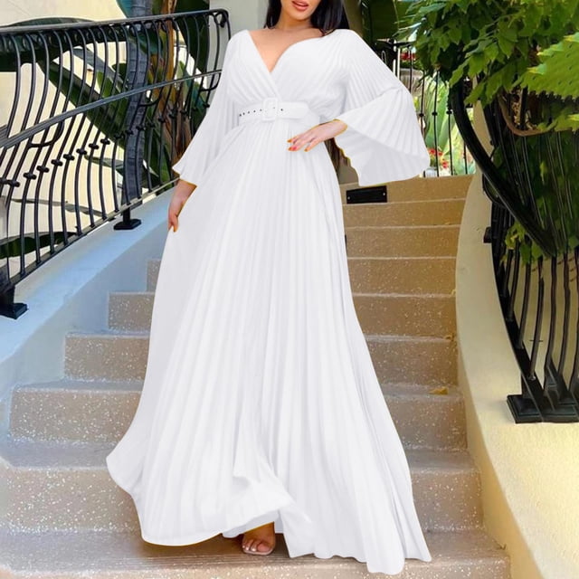GZWYHT Robes pour Femmes 2025, Robes de Soirée Col en V Profond Grande Taille Manches Longues avec Ceinture Robes Grande Taille, Robes Formelles, Robe Blanche, Robe de Collation des Grades L