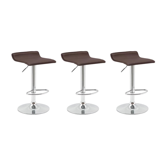 set de 3 bancos altos giratorios para barra desayunador cocina color café set de taburetes chocolate con asiento curvado, base cromada y reposapiés, altura ajustable 60–70 cm, vista frontal alineada sobre fondo blanco; a menudo usados también en estaciones de recepción o barras de cafetería.