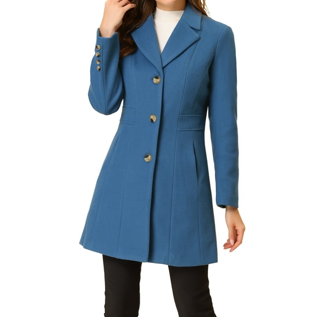 INSPIRE CHIC Manteaux d'Hiver Longs pour Femmes à Simple Boutonnage, Revers Cranté, Bleu Poussiéreux L