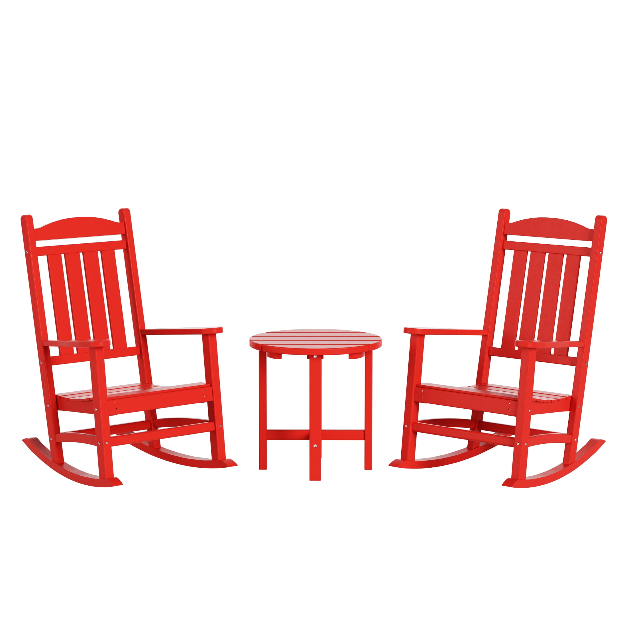 Garden 3-Piece Set Classic Plastic Adirondack Porch Rocking Chair with Round Side Table Included, Red