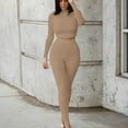 thumbnail image 2 of XFLWAM Workout Sets 2 Piece Outfits for Women Crewneck Long Sleeve Ribbed Crop Top High Waist Yoga Leggings Lounge Wear Tracksuit Khaki XXL, 2 of 6