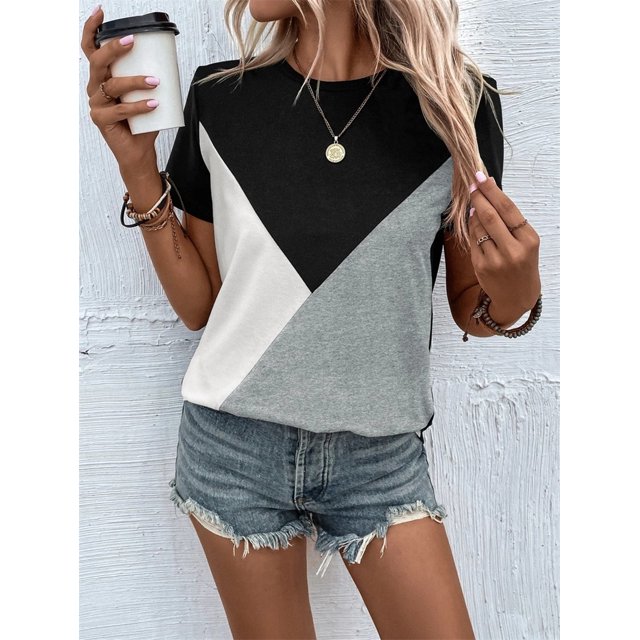 Camiseta de cuello redondo con contraste de Color para mujer, camisetas holgadas para mujer, Tops informales para diario, ropa de calle de tendencia 2023