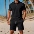 thumbnail image 2 of Men Solid 2 Piece Polo Short Set, Breathable Knit Short Sleeve Polo Shirt & Drawstring Shorts Summer Casual Outfit Black XL, 2 of 6