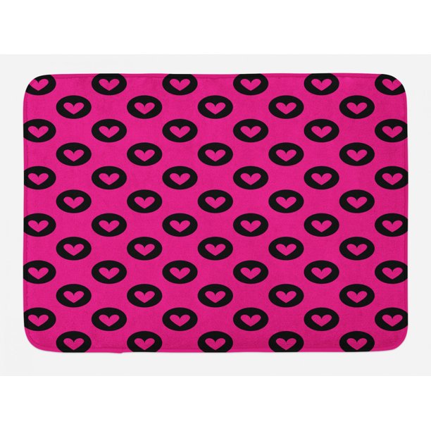 Hot Pink Bath Mat, Cute Pink Hearts inside Big Black Spots Pattern in