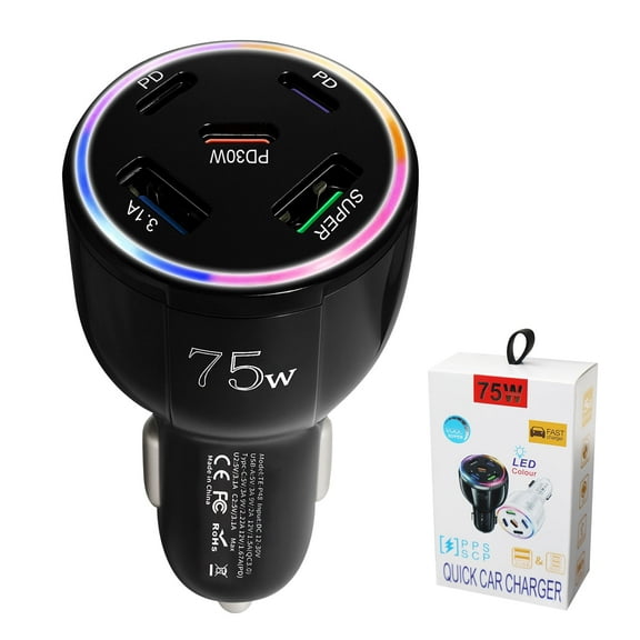 75W 5-Port Car Charger with Color Mood Light, 3x USB-C & 2x USB Car Phone Fast Charger Adapter, 12V Cigarette Lighter Socket for All Vehicles