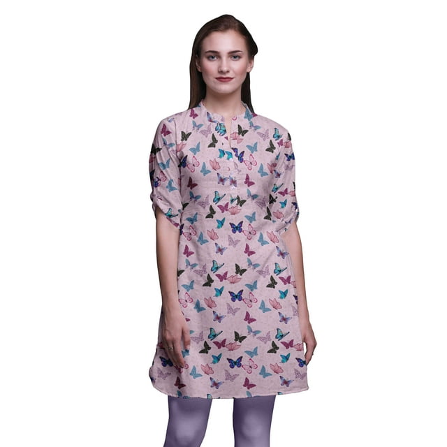 Bimba Kurti à Manches Retroussables pour Femmes, Col Mandarin Imprimé, Hauts de Kurti Courts