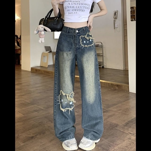 Pantalones vaqueros Sanrio Hello Kitty versión coreana para mujer, estilo urbano, estilo vintage, azules, holgados y rectos, con dibujos animados, de pierna ancha, Y2k