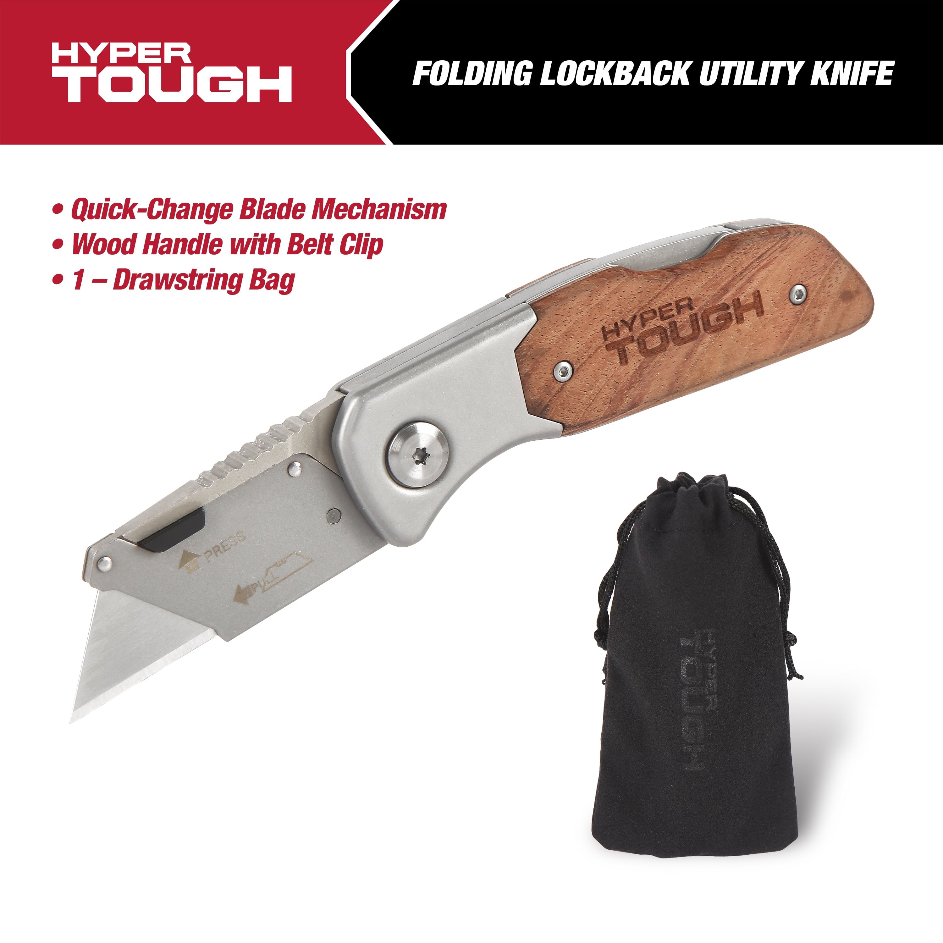 Hyper Tough Folding Lock Back Utility Knife with Wood Handle, 42869 