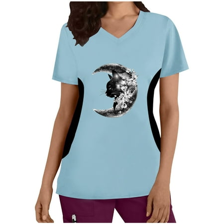 

Olyvenn Women s Trendy Tunic Working Uniform Rollback Clothing 2023 Fashion Summer Short Sleeve Tees Cute Cat Graphic Tops Pockets V Neck Shirts Loose Fit Scrub Tops Blouse Vintage Sky Blue 14