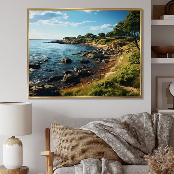 Designart Rhode Island framed wall Art, Rhode Seashore Island horizon , Rhode Island Large framed wall art decor, Turquoise Modern Gold framed wall art, 20x12 inches Gold Frame