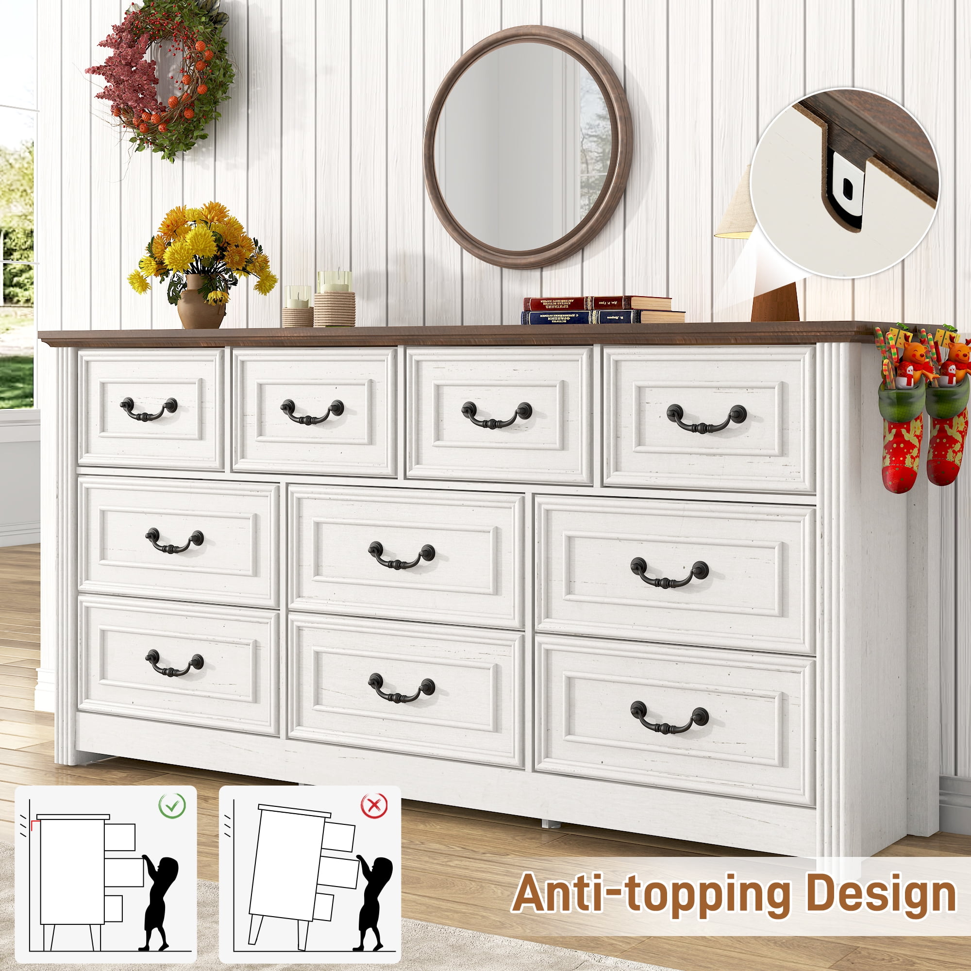 ChVans Farmhouse 10 Drawers Dresser for Bedroom, 63'' Wide Wood Rustic Chest of Drawers with Natural Texture, Vintage Design, Large Storage Dressers Organizer for Living Room, Hallway