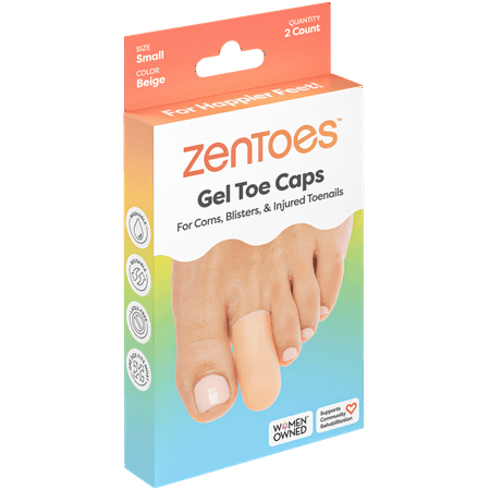 ZenToes Small Gel Toe Caps, 2 Pack, Beige - for Corns, Blisters & Toenails, Size Small