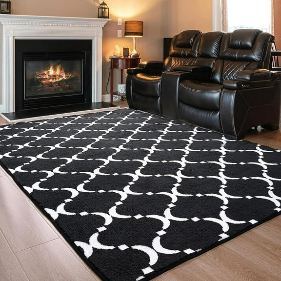 TWINNIS 4'x6' Geometric Area Rug for Living Room Fluffy Carpet ,Non Slip Rug for Girls Teen Bedside Nursery Dorm,Black/White