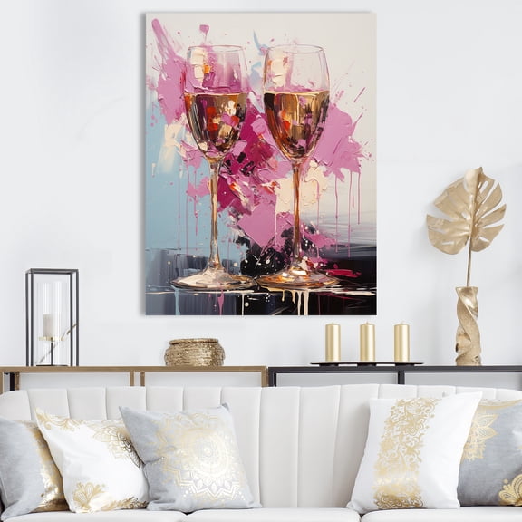 Designart "Pink and Gold Champagne Bubbles" Food & Beverage Canvas Wall Art - Traditional White Champagne Entryway Wall Art Print
