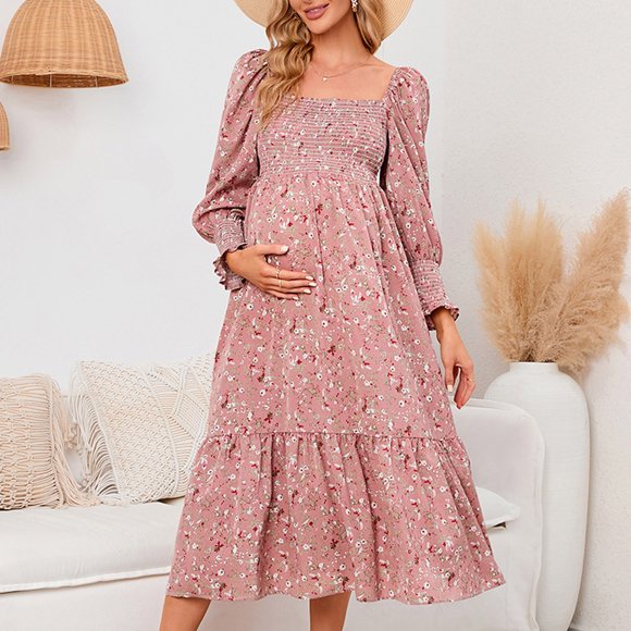 Hinvhai Womens Square Neck Floral Maxi Dress Clearance Puffy Sleeve Flowy Maternity A Line Wrap Dress Baby Shower Maternity Dress Pink 12(XXL)