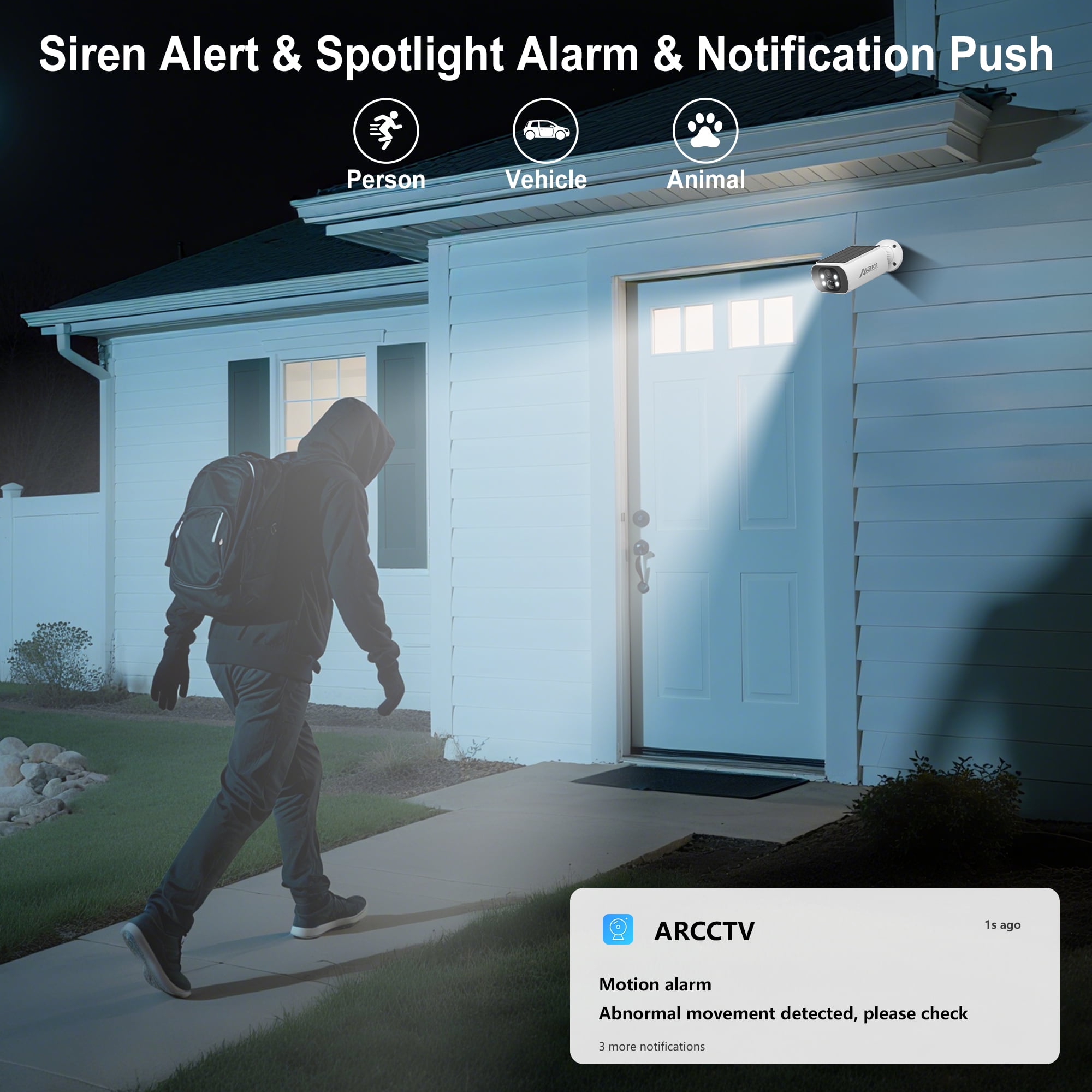 ARCCTV 2K Solar Security Camera Wireless Outdoor, Home Surveillance Camera with Embedded Solar Panel, Night Vision&Waterproof,2-Way Audio,2.4G/5G WiFi