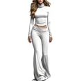 thumbnail image 2 of Idoravan sets for women clothing two piece casual Women Solid Color High Neck Long Sleeves Low-rises Bells-bottoms Suit, 2 of 7