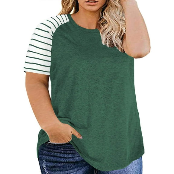 ZQGJB Plus Size Tops for Women Short Sleeve Raglan Striped Tee Color Block Crewneck Oversized Tunic Loose Fit Summer Outfit Clothes Green XXL