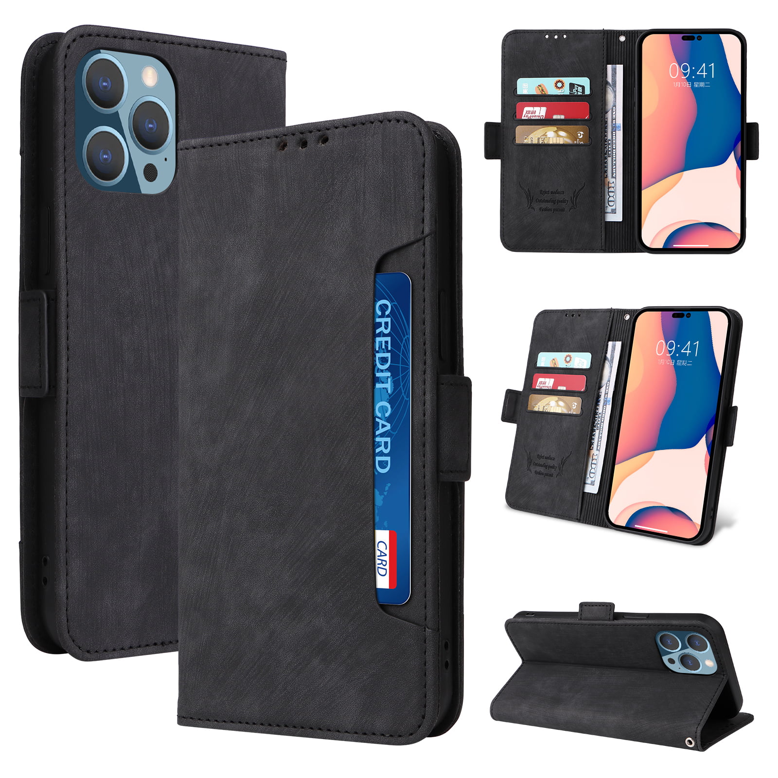 Vegan Leather Case With Flip Card For iPhone 14/14Plus/14/Pro/14Pro Max - iPhone 14 Pro Max,Black