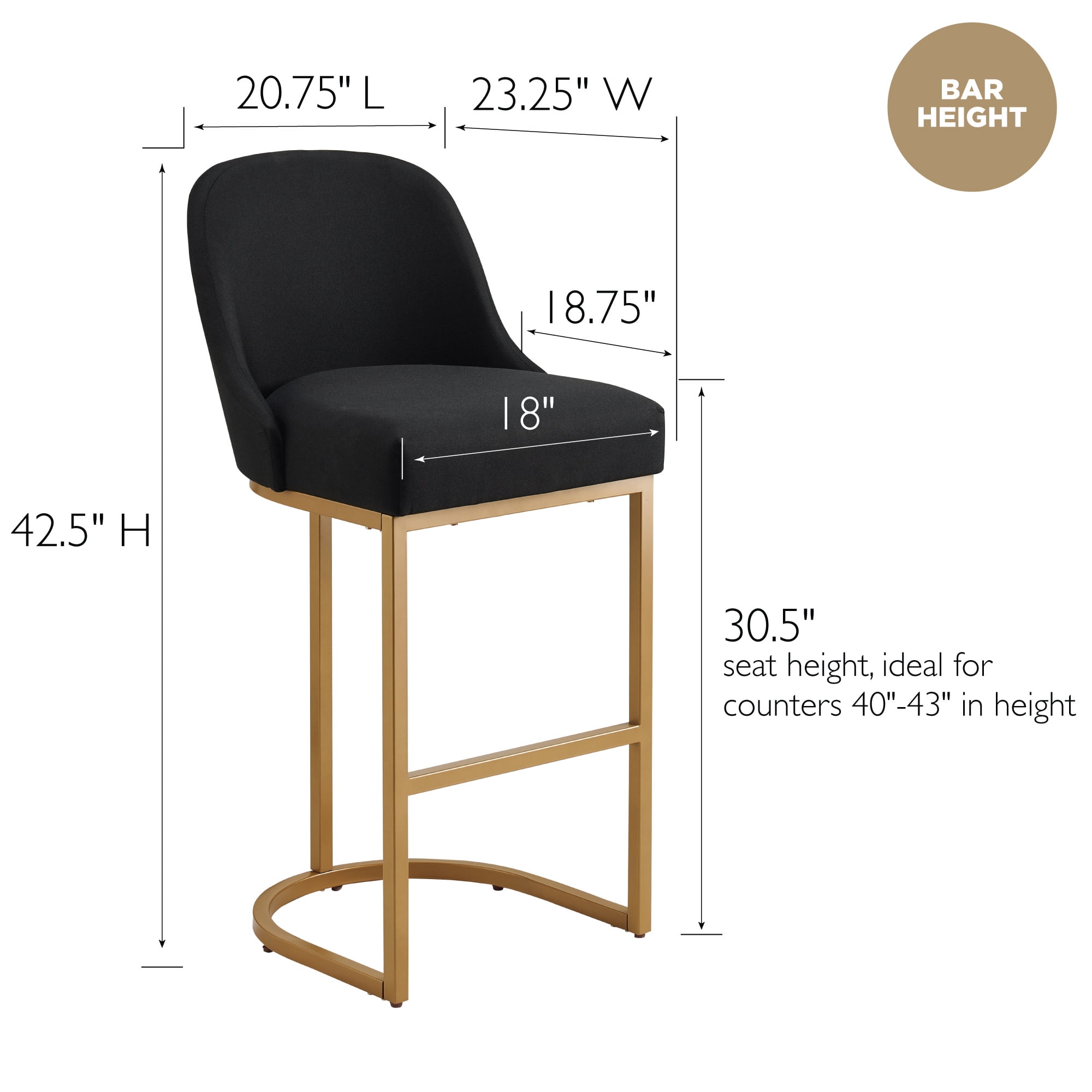 Leick Home Barrel Back Bar Stools with High Density Foam Seat, Black/Gold (Set of 2)
