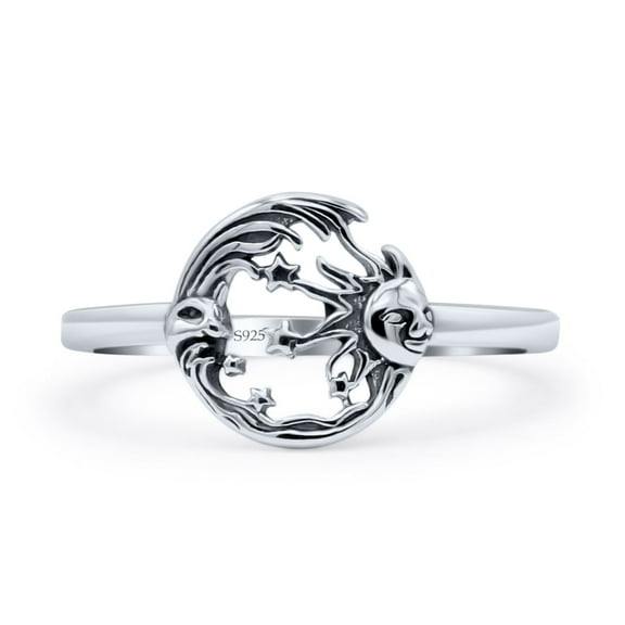 Crescent Sun Moon With Star Triple Artisan Oxidized Ring Band 925 Sterling Silver Size 4