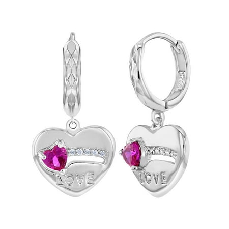 925 Sterling Silver Fuchsia Pink Heart Love Small Hoop Dangle Earrings for Girls
