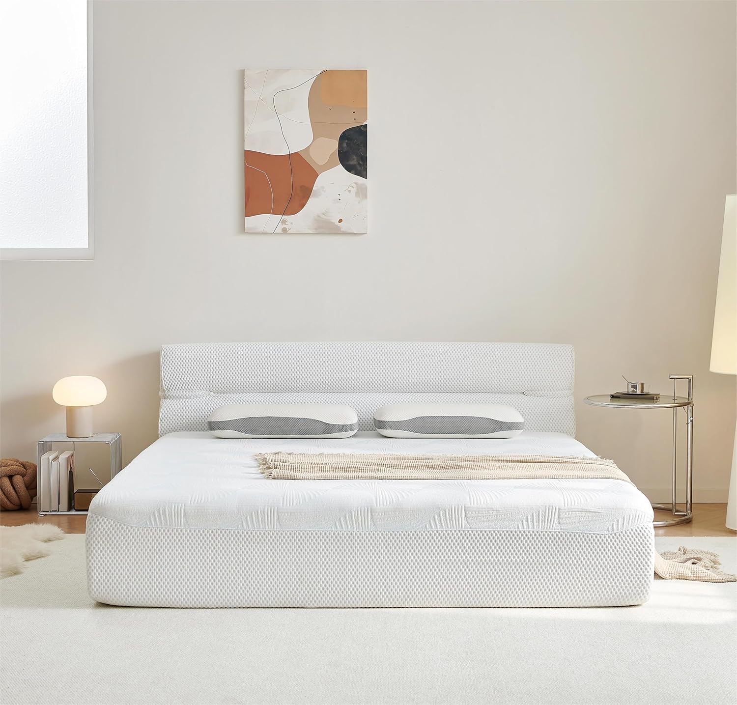 King Size Bed Frame and Mattress Set, Memory Foam Mattress in a Box, Compress Platform Bed Frame with Headboard, Cool Fabric, Medium Firm Support, No Assembly for Bedroom, Dormitory, White
