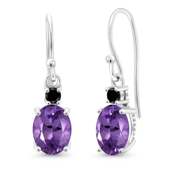 Gem Stone King 10K White Gold Purple Amethyst and Black Diamond Dangle Earrings for Women (2.13 Cttw, Gemstone Birthstone, Oval 8x6mm)