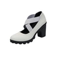 thumbnail image 2 of Bkhluea Mary Jane Backless Heel Shoes For Women Matte Woven Fabric Dual Cross Elastic Instep Straps Round Toe Scalloped Platform Mid Chunky Block Heel Footwear, 2 of 9