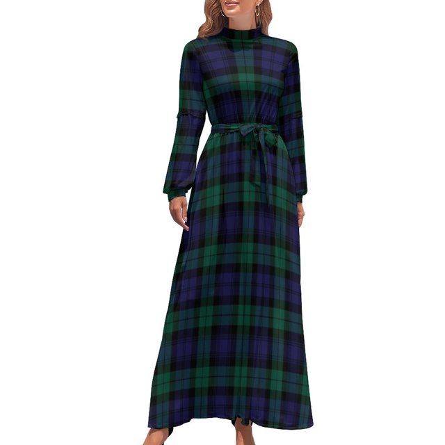 Vestido largo a cuadros azul y verde moderno y lindo de Blackwatch Tartan Clothing, tendencia de ropa de mujer 2024, vestido de verano diario