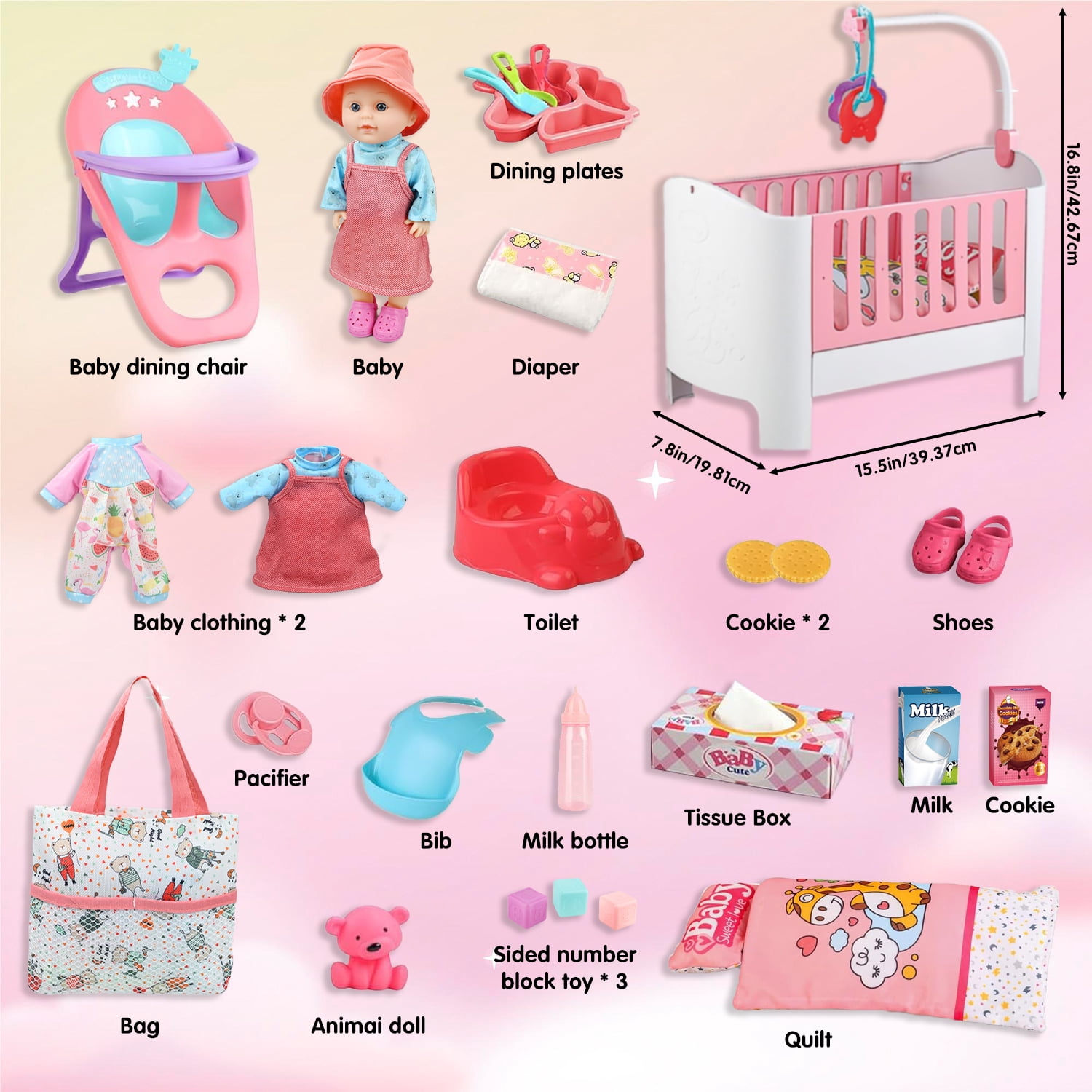LINXUXIE Baby Doll Crib and High Chair Set, Kids Interactive Pretend Play Toys, Birthday Gifts for 1-3 3-5 5-8 Year Old