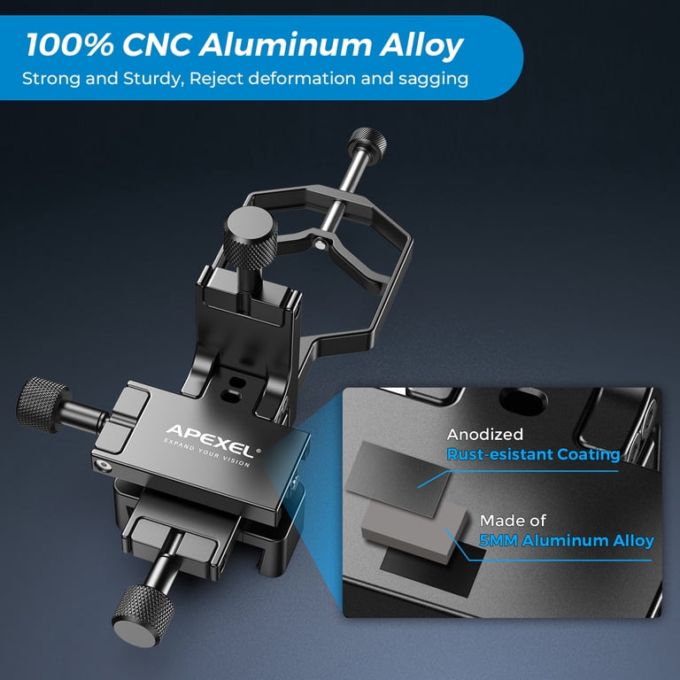 APEXEL 3-Axis Telescope Phone Adapter - CNC Aluminum Mount For Smartphones, Binoculars, Microscopes & Spotting Scopes With Remote Shutter