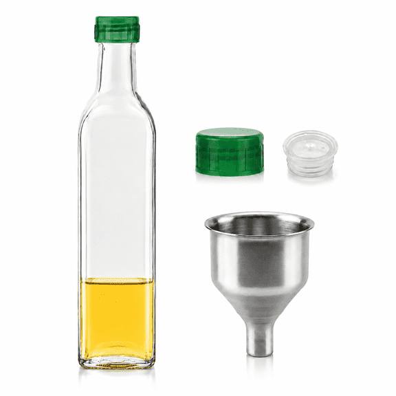 17oz Glass Olive Oil Dispenser Bottle, 500ml Oil and Vinegar Cruet Set with Pour Spouts, Leakproof Caps and Funnel, Clear Kitchen Glass Oil Container for Cooking & Salad Dressing