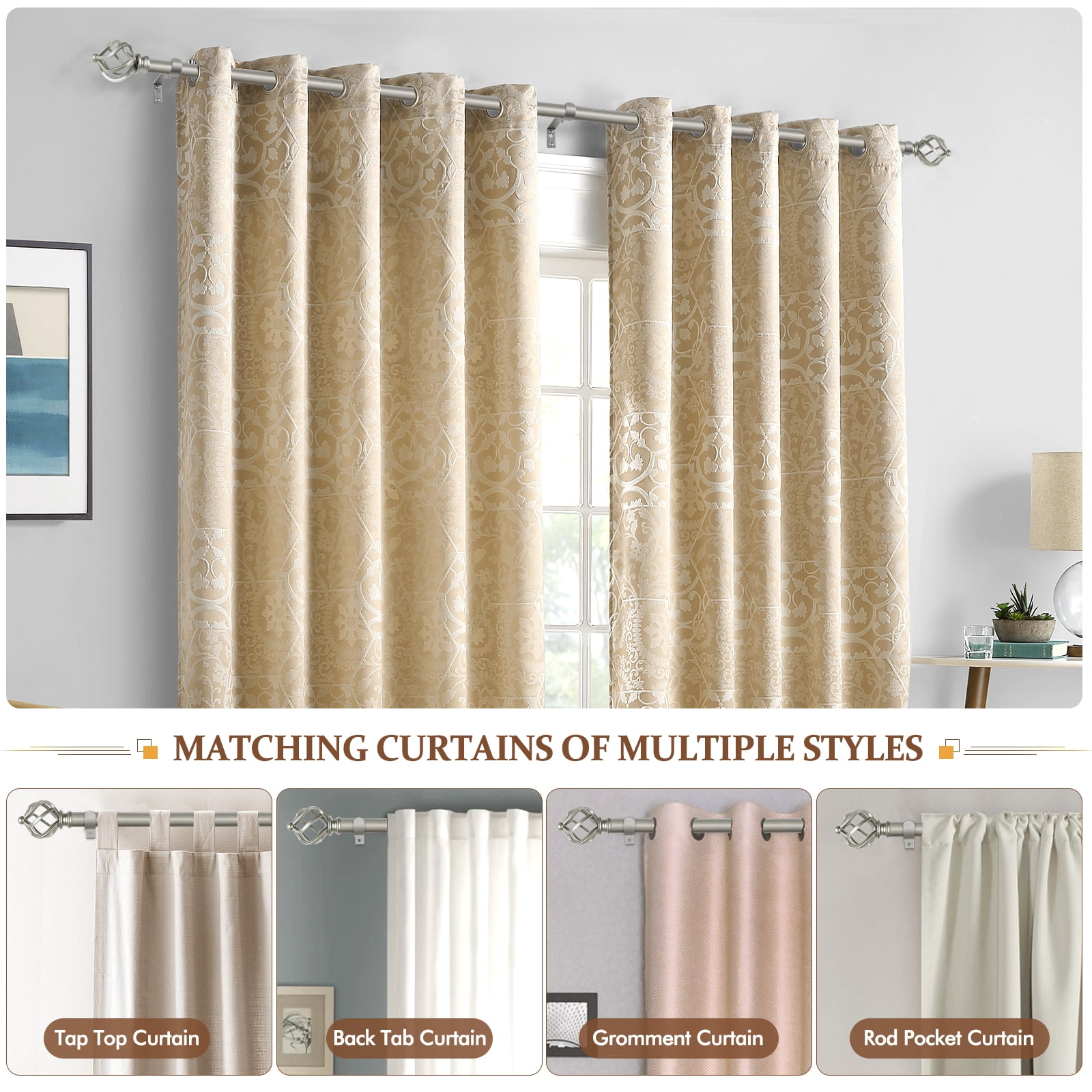 KAMANINA 3/4" Adjustable Single Curtain Rod with Twist Cage Finial, 48 - 84", Antique Silver