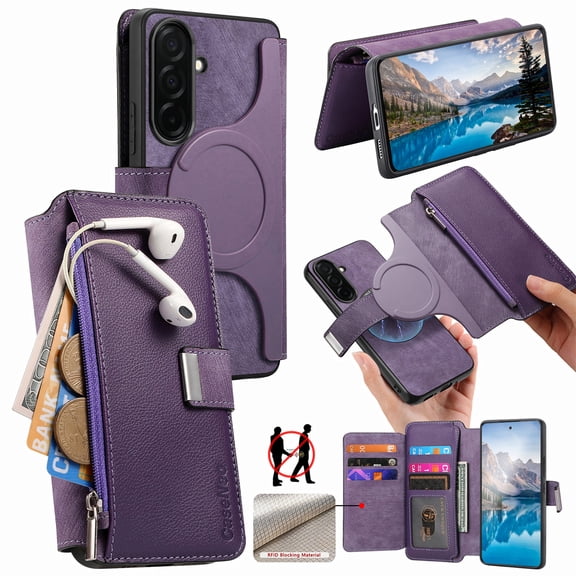 For Samsung Galaxy S26 Plus Wallet [Support Magsafe Charger] Flip Magnetic Detachable 2 in 1 Flip PU Leather Phone Case with Card Slots [RFID Blocking], Zipper Bag, Kick-Stand Cover,Purple
