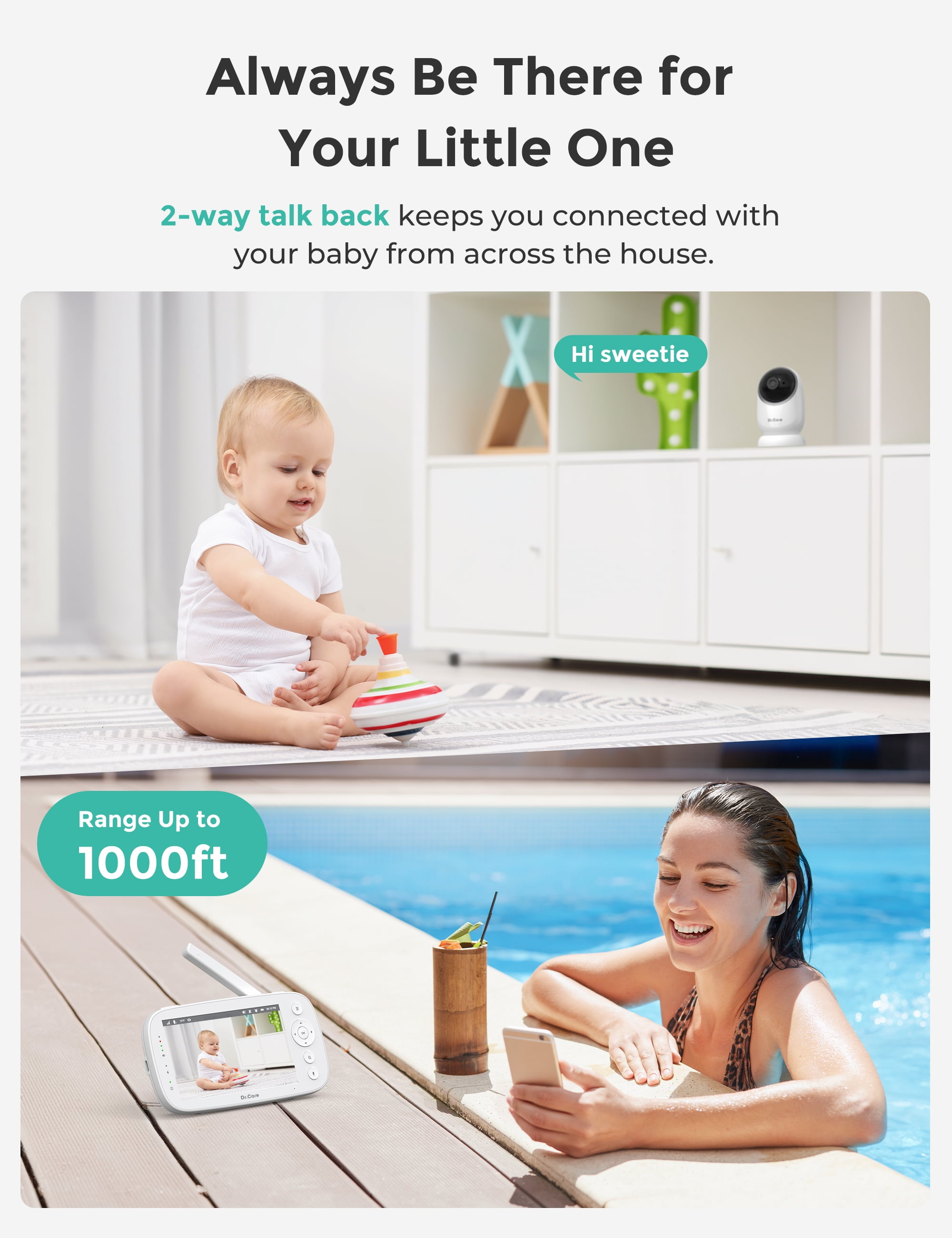 Dr.Care 5" 1080P Split-Screen Video Baby Monitor, Clear Night Vision, 5000mAh Battery, Real-Time/VOX, 2X/4X Zoom, 2-Way Audio, No WiFi Baby Camera